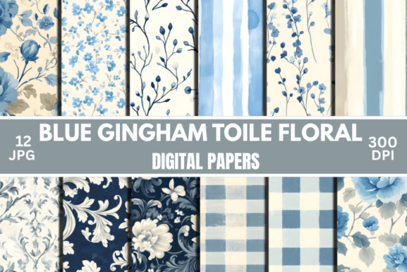 Download Blue Toile Floral &amp; Gingham Patterns - Blue Collection