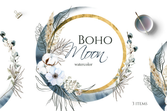 Download Boho Round Floral Frame with Blue Moon - Blue Collection