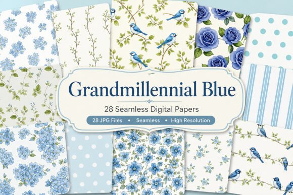 Download Grandmillennial Blue Seamless Paper - Blue Collection