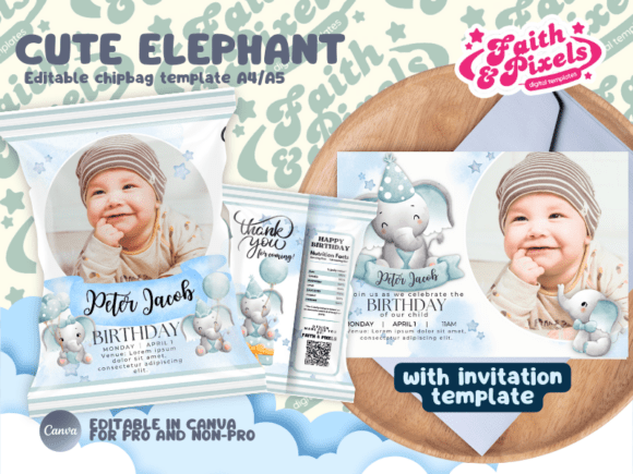 Download Pastel Blue Elephant Invite and Chip Bag - Blue Collection
