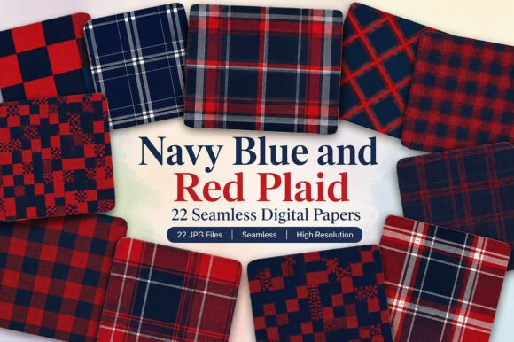 Download Navy Blue and Red Plaid Digital Papers - Blue Collection