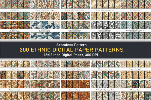 Download 200 Ethnic Digital Paper Patterns – JPG - Ethnic digital paper Collection