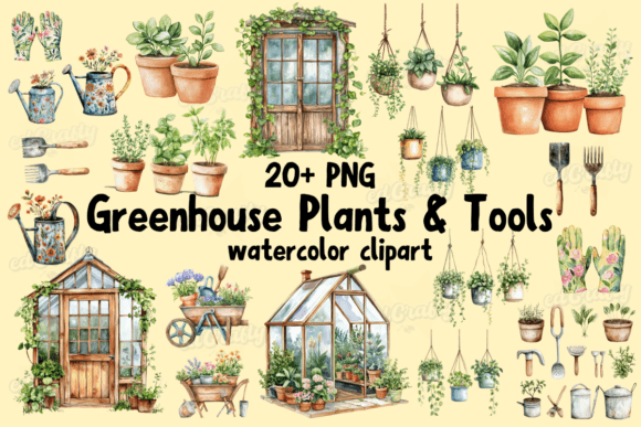 Download Greenhouse Plants &amp; Tools Watercolor PNG - Green Collection